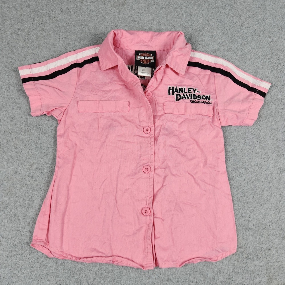 Harley-Davidson Shirt Girls 4 Pink Embroidered Cotton Short Sleeve Button Up